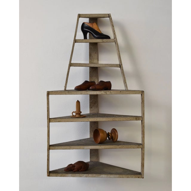 Vintage Folk Art Contracted Paint Finish Tiered Corner Shelf, Circa 1930s-40s. Architectural in style, the unit is...