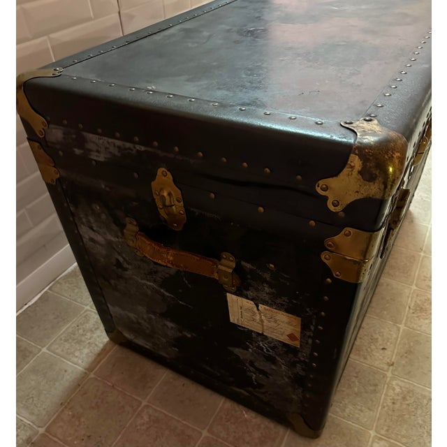 Early 20th Century Early 20th Century Antique Steamer Travel Trunk Brass Leather For Sale - Image 5 of 10