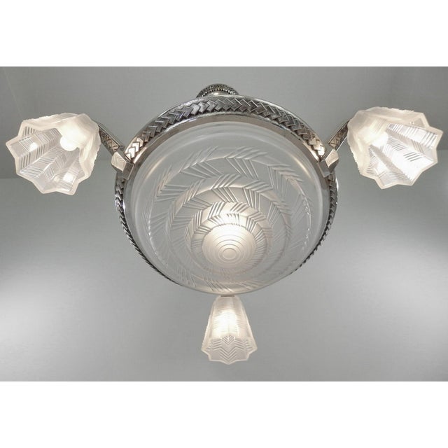 Metal Petitot French Art Deco Chandelier 1930s - Stepped Chevron Geometric Glass For Sale - Image 7 of 10