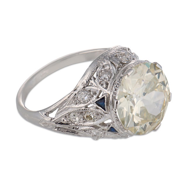 Art Deco Gia 4.41 Carat Diamond Sapphire Platinum Engagement Ring, Size 7.25 For Sale - Image 4 of 6