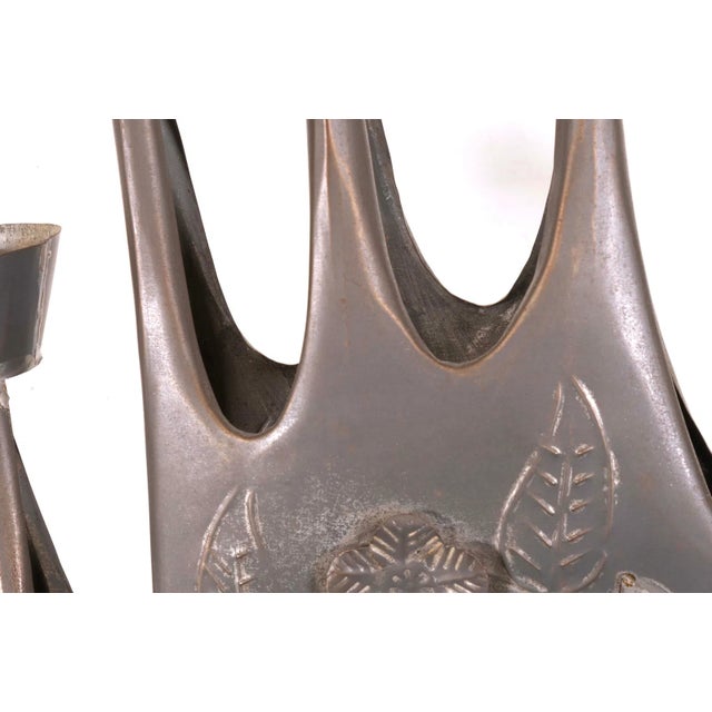 Amber Modernist Gene Bryon Brutalist Hammered Tin Candelabra With Peace Dove & Flower Design, 1968 For Sale - Image 8 of 12
