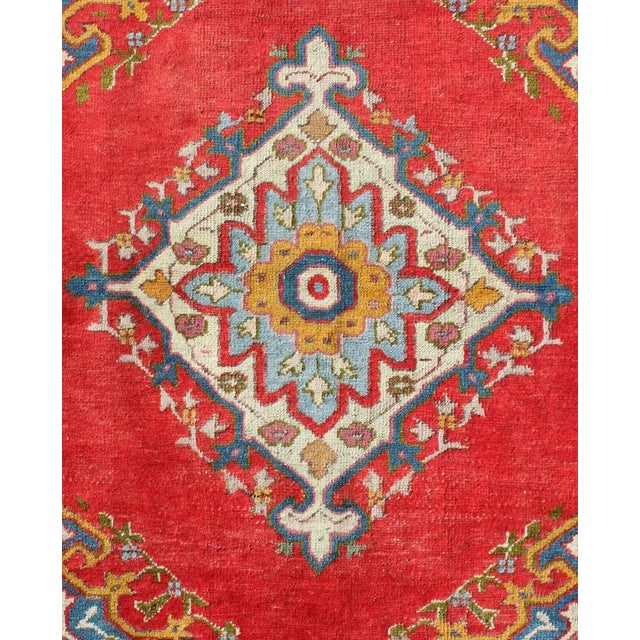 Antique Turkish Oushak Small Rug in Bright Red, Blue, Lavender, Orange & Green For Sale - Image 4 of 7