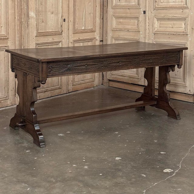 Antique Neo Gothic Carved Oak Trestle Three Drawer Writing Desk For Sale - Image 10 of 18