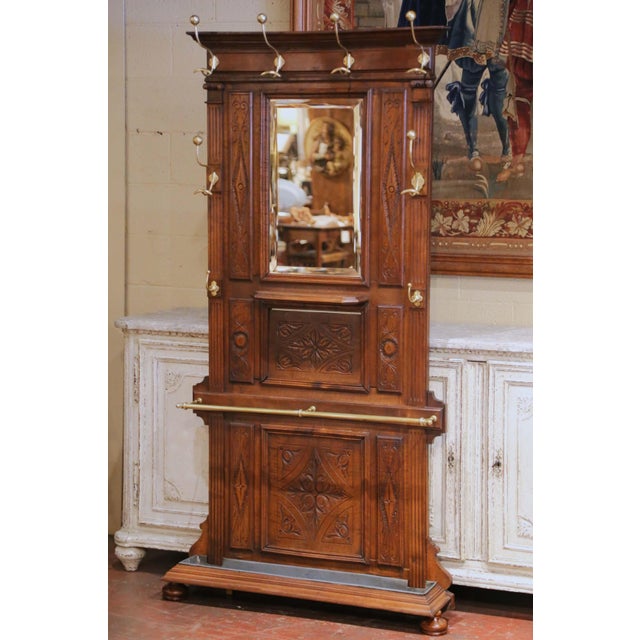 Late 19th Century 19th C. French Henri II Carved Walnut Hall Tree With Beveled Mirror and 8 Hooks For Sale - Image 5 of 14