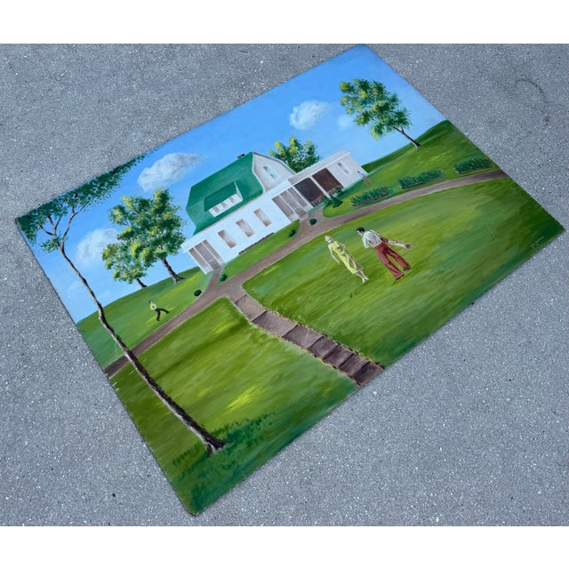 Paint Vintage Signed Country Golf Estate Landscape Painting on Board by Geo Johnson For Sale - Image 7 of 12