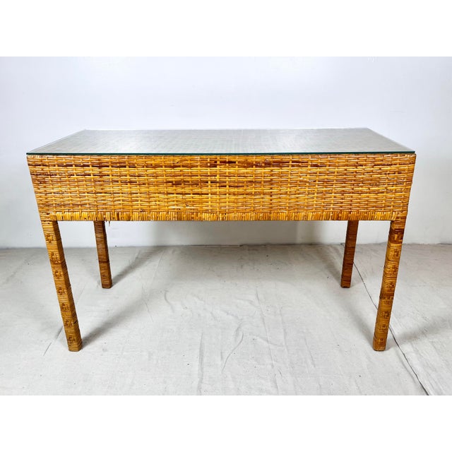 Late 20th Century Vintage Woven Caning Wrapped Rattan Campaign Console Table Desk For Sale - Image 5 of 12