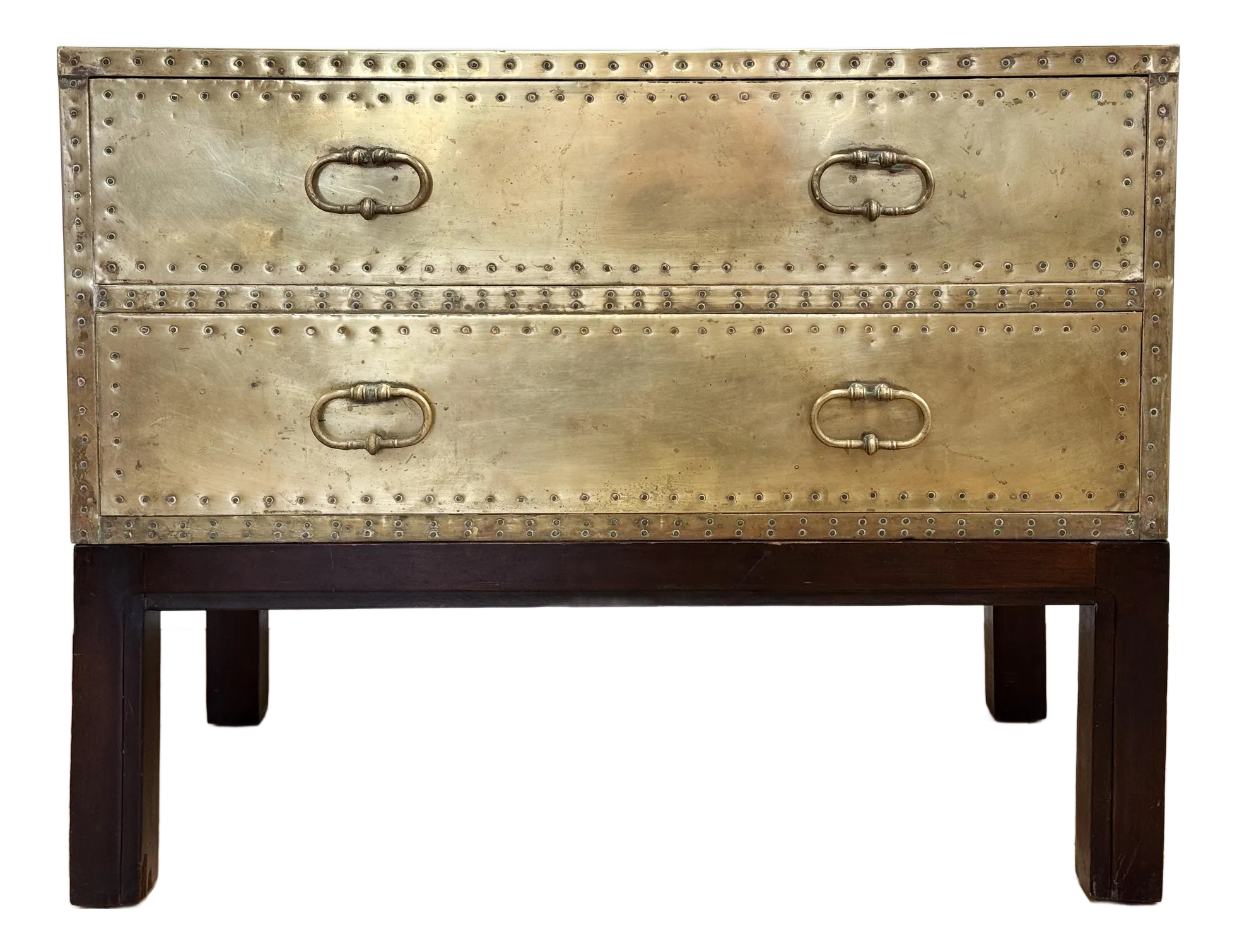 Vintage Brass Sarreid Style Two Drawer Chest on Wood Stand | Chairish