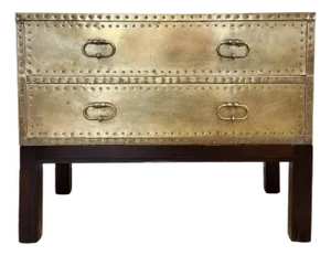 Vintage Brass Sarreid Style Two Drawer Chest on Wood Stand