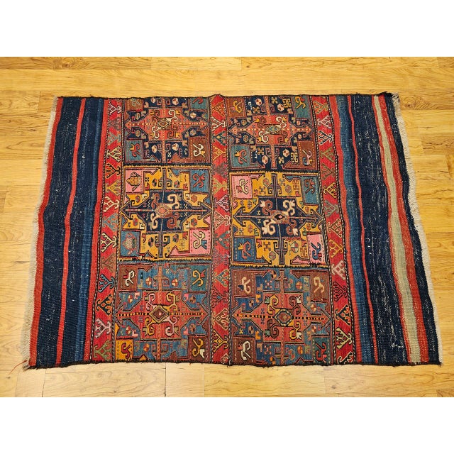 Red 19th Century Caucasian Soumak Rug, Hand-Knotted Wool,Tapestry Tribal Wall Art, 4' x 5' For Sale - Image 8 of 18