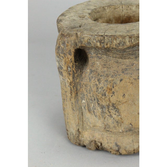 Wood Antique Primitive Carved Wood Mortar With Handle For Sale - Image 7 of 9