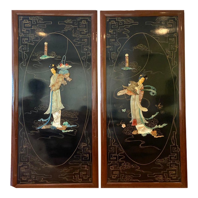 1950s Large Vintage Asian Inlaid Black Lacquer Hanging Panels - Set of 2 For Sale