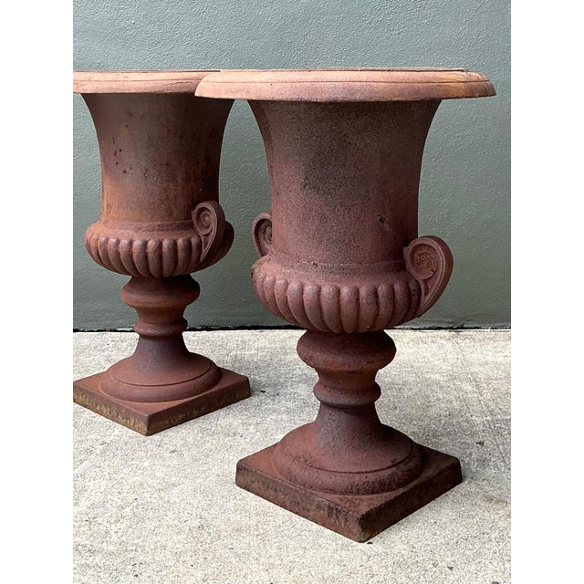 Late 19th Century Vintage Cast Iron Garden Urns - Pair For Sale - Image 5 of 18