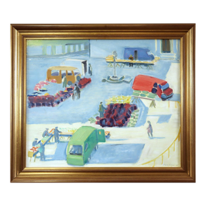 1994 Modernist 'The Bustling Market' Vintage Expressive Street Scene Landscape Oil Painting, Framed