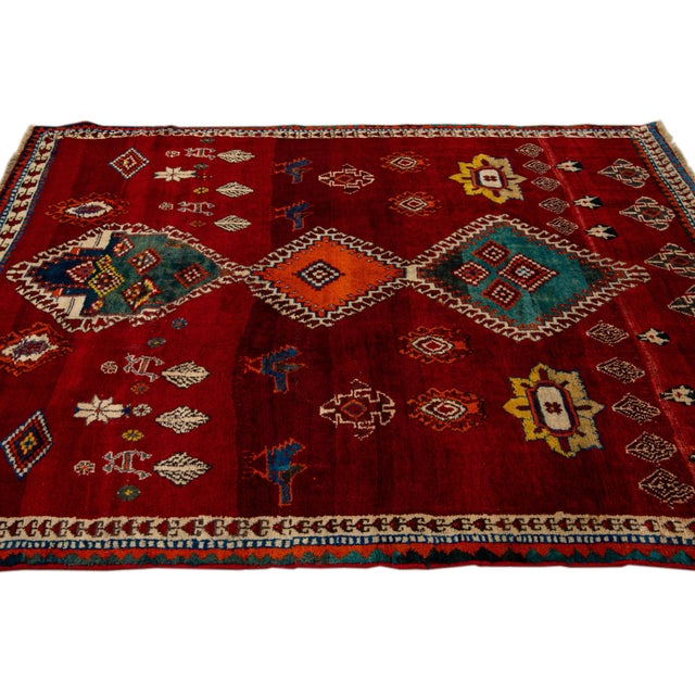 1920s Red Vintage Shiraz Handmade Pictorial Designed Wool Rug For Sale - Image 5 of 10