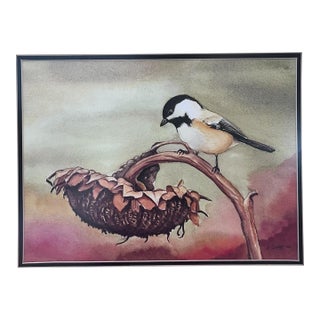 Original Signed Ilse Wolff Watercolor “Harvest Time” – Chickadee & Sunflower, 2010 For Sale