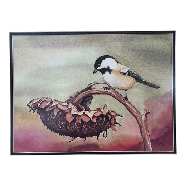 Original Signed Ilse Wolff Watercolor “Harvest Time” – Chickadee & Sunflower, 2010 For Sale