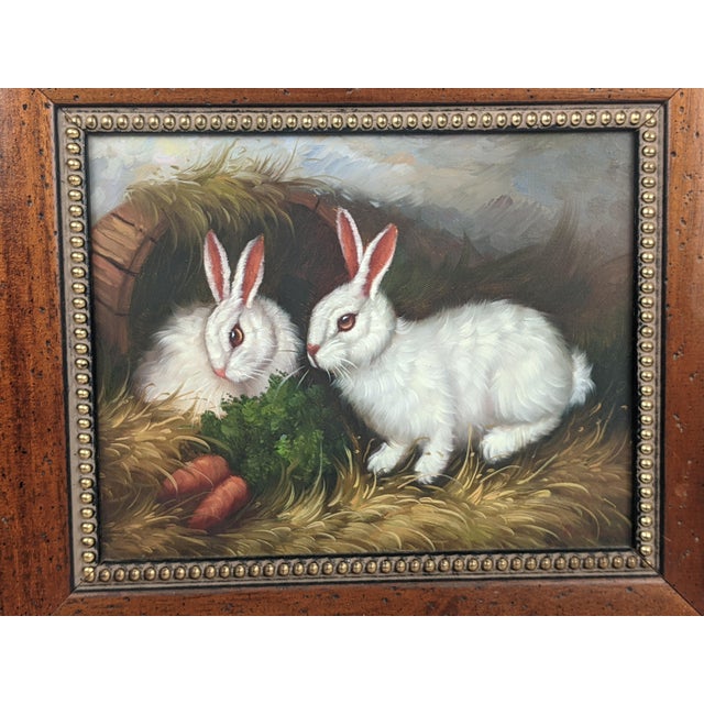 Vintage Rabbit Oil Painting in Brown, Cream & Green With Carved Gilt Wood Frame For Sale - Image 9 of 14