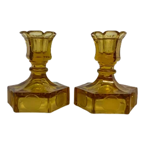 1940s Depression Era Federalist Style Amber Coin Pressed Glass Candle Holders - A Pair