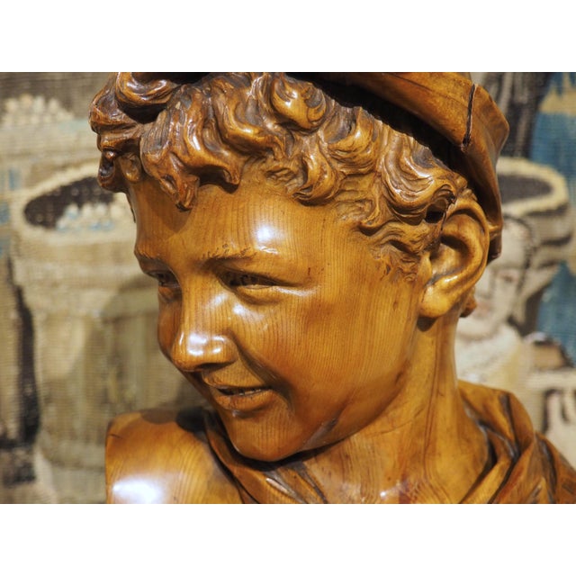 Pair of Antique French Carved Pine Busts of a Boy and a Girl, Circa 1900 For Sale - Image 10 of 18