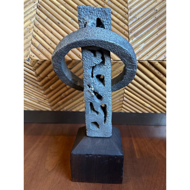 Wood Vintage Signed 13” Hand Hammered Blackwashed Metal Sculpture on Wood Base in a Western Industrial Style For Sale - Image 7 of 17