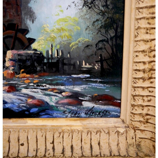 1940s J Weakaes French School Luminous Landscape With Water Mill, Oil Painting Signed For Sale - Image 6 of 10