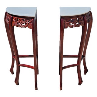 Late 20th Century Carved Red Mahogany Stone Top Corner Tables Pedestals Plant Stands, a Pair For Sale