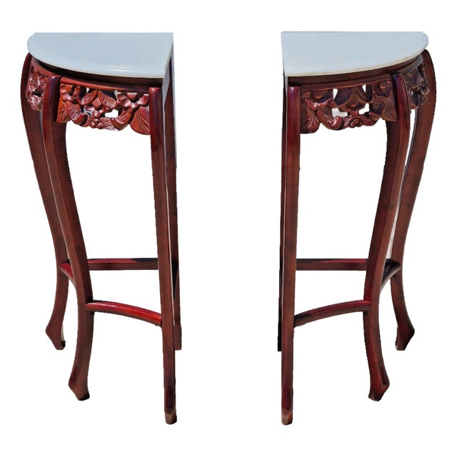 Late 20th Century Carved Red Mahogany Stone Top Corner Tables Pedestals Plant Stands, a Pair For Sale