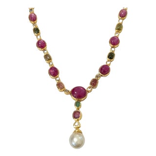 Bochic "Capri" Vintage Multi Sapphires & Rubies Necklace Set 18K Gold & Silver For Sale