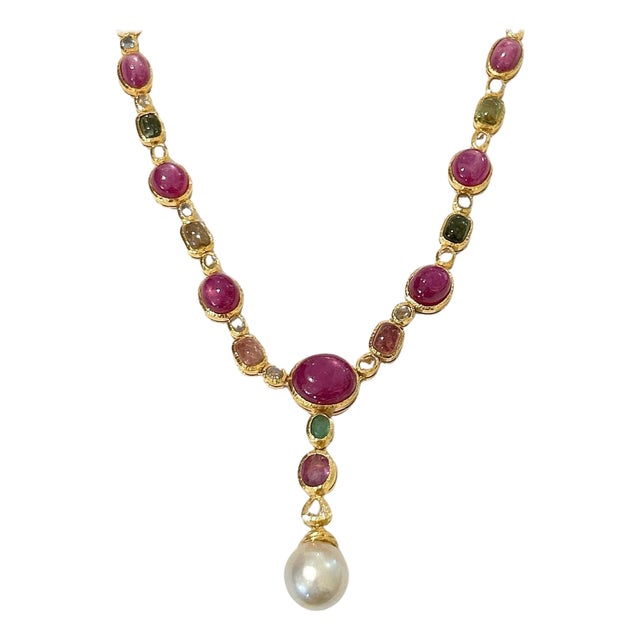 Bochic "Capri" Vintage Multi Sapphires & Rubies Necklace Set 18K Gold & Silver For Sale
