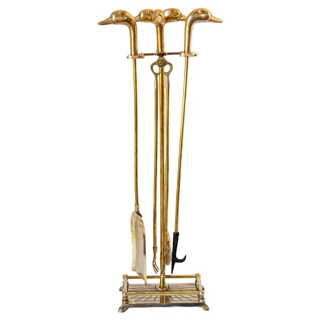 Metal Vintage French Solid Brass Duck Head Fireplace Tool Set, Maison Jansen Style, 19 For Sale - Image 7 of 17