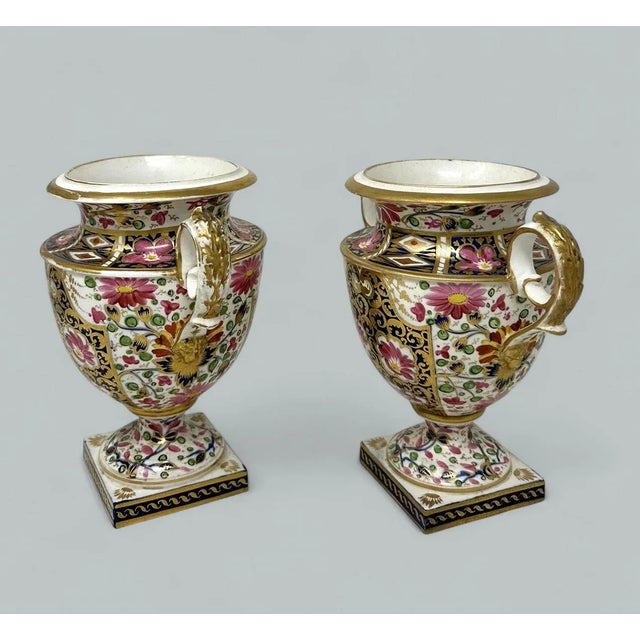 Early 19th Century Antique Pair English Royal Crown Derby Campana Porcelain Urns Vases Imari Patern For Sale - Image 5 of 9