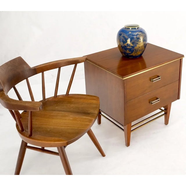 Wood Square Light Walnut Brass Stretchers Two Drawers Nightstand End Table For Sale - Image 7 of 13