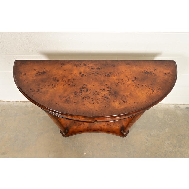 Maitland Smith Style French Empire Burl Wood and Gold Gilt Demilune Console Table For Sale - Image 12 of 16