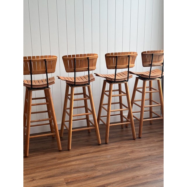 Mid-Century Modern Slatted Bar Stools, Set of 4, Attributed to Arthur Umanoff For Sale In Greensboro - Image 6 of 16