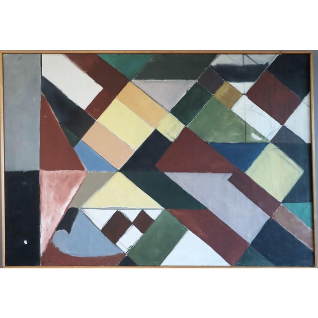 INTERSECTING PLANES Size: 25.2 x 36 inches (including frame) Oil on canvas A large and very striking mid-century geometric...