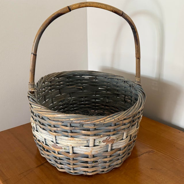Pottery Barn Vintage Gray Gathering Basket With Bunny Rabbit Motif For Sale - Image 4 of 11