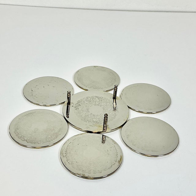 Mid Century Hollywood Regency Chippendale Silver Plate Coasters and Caddy - Set of 7 For Sale - Image 4 of 15