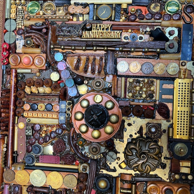 Original mixed media assemblage by Joe Carmassi Sr., dated 1992. Intricately composed of found objects, hardware, coins,...