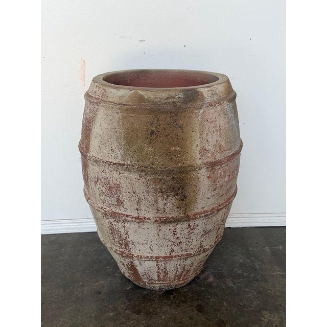 Contemporary Monumental Ribbed Terracotta Planter With Heavily Distressed Patina For Sale - Image 3 of 11