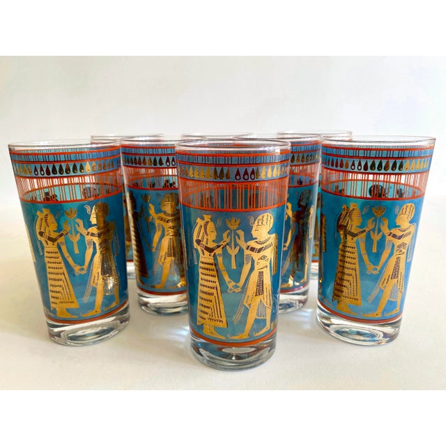 Vintage 1960's Mid Century Modern Egyptian Revival Gold Leaf Highball Tumbler Glasses - Set of 8 For Sale - Image 13 of 13