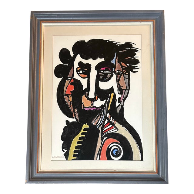 1970’s Original Abstract Expressionist Portrait Watercolor Painting For Sale