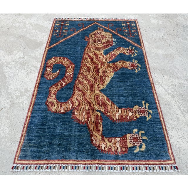 Blue Gold Hand Knotted Tibetan Tiger Pictorial Wool Rug, 03'01 X 04'08 For Sale - Image 6 of 10