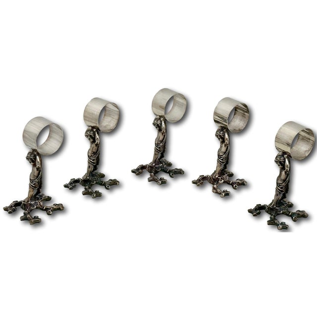 Outstanding Orig. Set of 5 Large Antique Victorian Sheffield England Silverplate Figurative Putti Napkin Rings Circa 1900 For Sale - Image 12 of 18