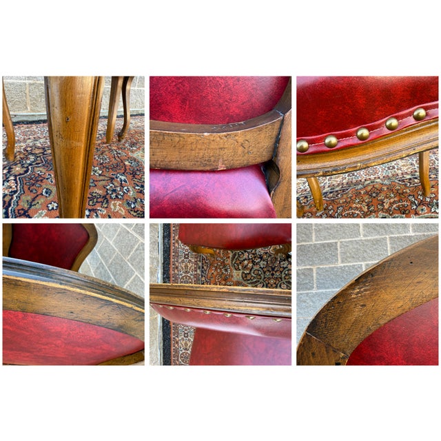 Mid 20th Century Tacked Red Vinyl & Fruitwood French Louis XV Fauteuil Dining Chairs - Set of 3 For Sale - Image 16 of 17