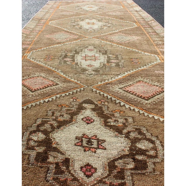 Tan Vintage Hand Knotted Turkish Oushak Runner With Tribal Medallions in Earthy Tones For Sale - Image 8 of 11