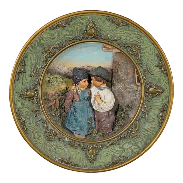 Terracotta Wall Plate With Lovely Children in Traditional Costumes by Johann Maresch For Sale