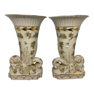 1940’s English Hand Decorated “Eaton China” Vases With Pink Roses & Blue Posies Design - a Pair For Sale