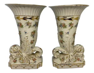 1940’s English Hand Decorated “Eaton China” Vases With Pink Roses & Blue Posies Design - a Pair