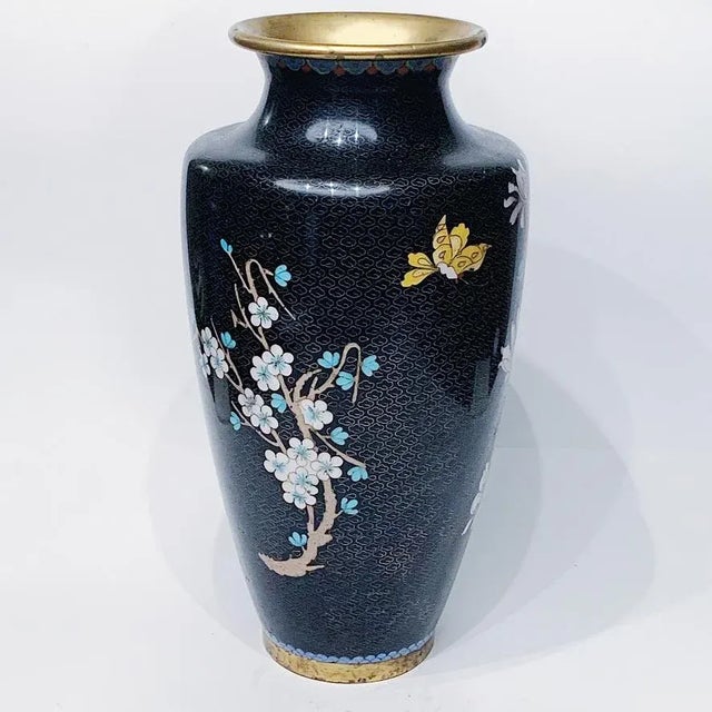 Antique Chinese Cloisonne Vase Depicting Mums and Cherry Blossom Flowers in Blue and Pink and Butterflies in Yellow on...