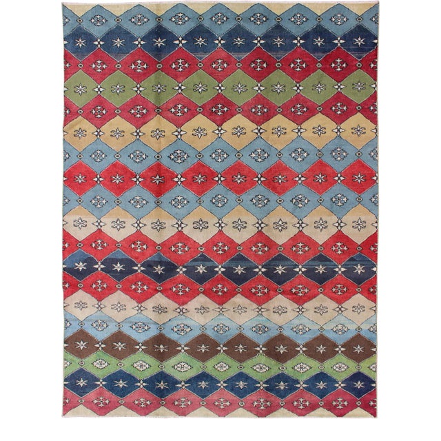 Vintage Colorful Mid-Century Modern Turkish Rug For Sale